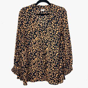Dressbarn Navy‎ Orange Leopard Print Blouse Smocked Cuff Long Sleeve Est 2X